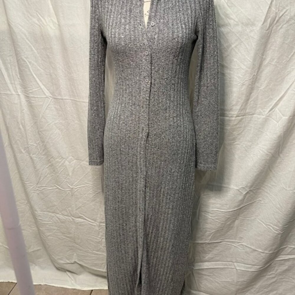 Women's Buttoned Front Ribbed Knit Long Sweater Dress, Grey, Autumn/Winter